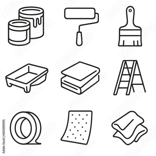 Room Painting Tools. Outline icon set of room painting essentials: paint cans, rollers, brushes, trays, drop