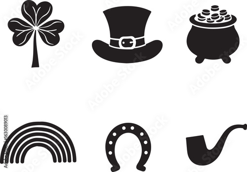 Lucky St. Patrick's Day icons shamrock pot coins horseshoe pipe
