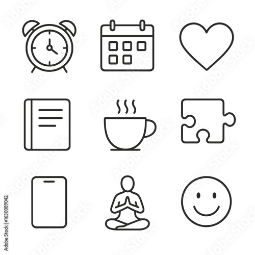 Routine Icons Grid. Outline icon set of adjusting to new routines: alarm clock, calendar, heart, journal,