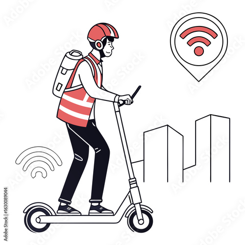 Vector art of man riding electric scooter in the city isolated on white background