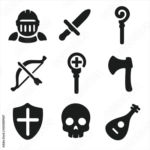 RPG Class Icons. Solid, filled icons set of RPG character classes: knight armor, rogue dagger, mage staff,