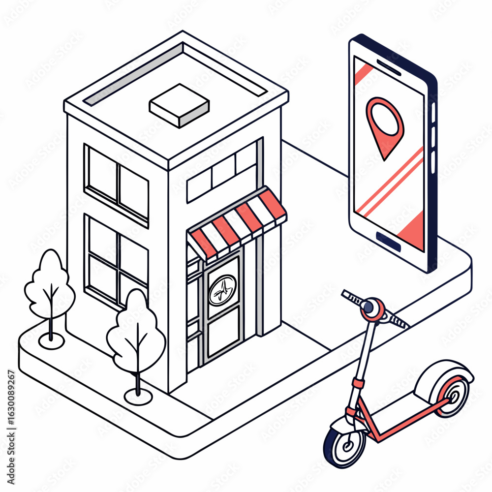 Fototapeta premium Vector art of isometric scooter near store with smartphone navigation isolated on white background