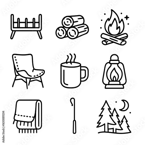 Rustic Fire Pit Icons. Outline icon set of rustic fire pit scene: iron fire grate, wood logs, fire sparks,