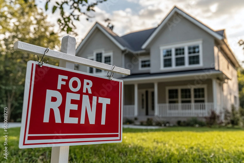 For rent sign in the yard in front of a house. House for Rent with Large Lawn.	