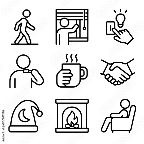 End-of-Day Icons. Outline icon set of last light in daily life: evening walk, closing window blinds, turning off light, bedtime