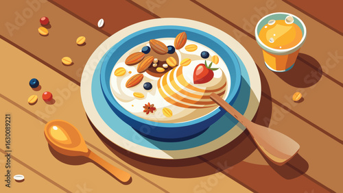 Illustration of a bowl of cereal with fruit and nuts and a glass of juice on a wooden table