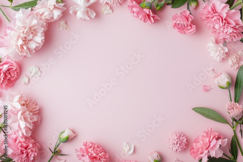 Soft Pink Floral Frame with Various Flowers on Light Background