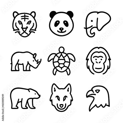 Endangered Species Icons. Outline icon set of endangered species: tiger, panda, elephant, rhino, sea turtle, orangutan, polar bear