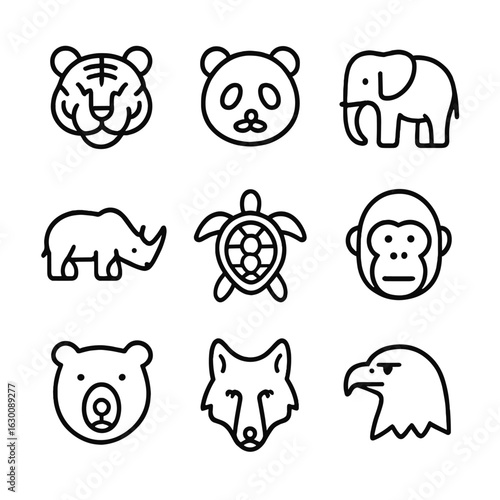 Endangered Species Icons. Outline icon set of endangered species: tiger, panda, elephant, rhino, sea turtle, orangutan, polar bear