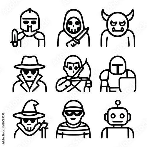 Enemy Icon Set. Outline icon set of enemy characters: warrior, assassin, monster, spy, archer, tank, sorcerer, thief, robot. Line