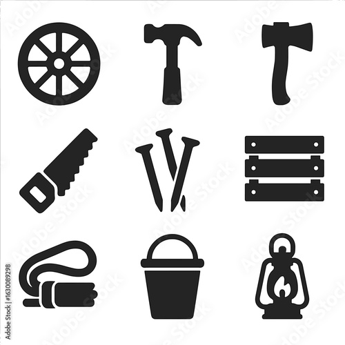 Rustic Tools Icons. Solid, filled icons set of rustic tools: wagon wheel, hammer, axe, saw, nails, wooden