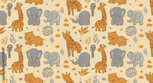 Cute cartoon animals, giraffes, elephants, and bears, in a repeating pattern on a beige background.