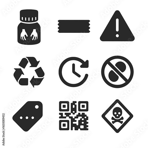 Safety Icons Grid. Solid, filled icons set of safety and compliance packaging: childproof cap, tamper-evident