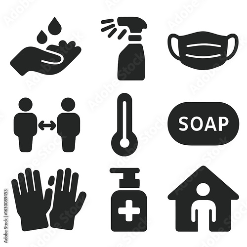 Safety Icon Grid. Solid, filled icons set of safety and hygiene practices: hand washing, disinfectant spray,