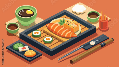 Isometric view of a japanese food set featuring sushi, salmon, and various side dishes on a tray