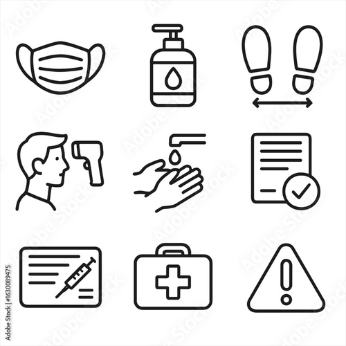 Safety Measures Icons. Outline icon set of Safety and Health Measures: face mask, sanitizer, social distancing