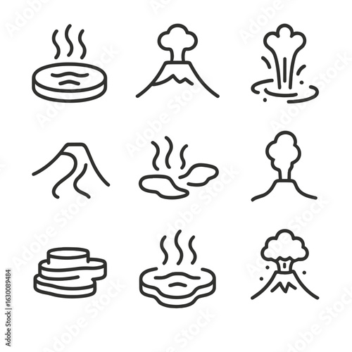 Nature's Boiling Points. Outline icon set of boiling point in nature: hot spring, volcanic steam, geyser, lava flow, steam vents,