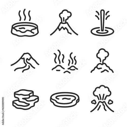Nature's Boiling Points. Outline icon set of boiling point in nature: hot spring, volcanic steam, geyser, lava flow, steam vents,