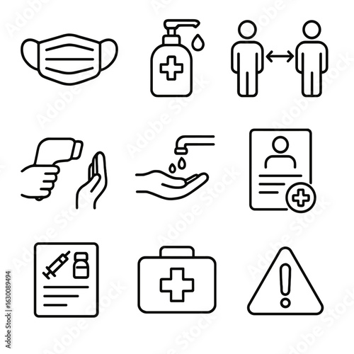 Safety Measures Icons. Outline icon set of Safety and Health Measures: face mask, sanitizer, social distancing