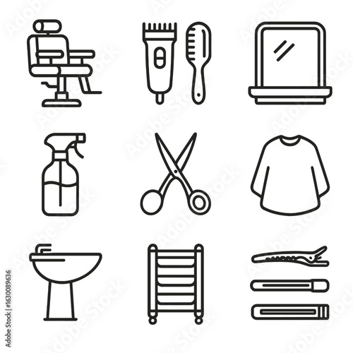 Salon Icons Set. Outline icon set of professional salon space: barber chair, hair tools, mirror, spray bottle,