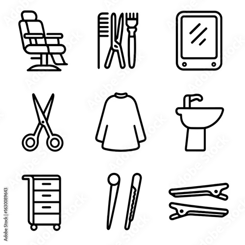 Salon Icons Set. Outline icon set of professional salon space: barber chair, hair tools, mirror, spray bottle,