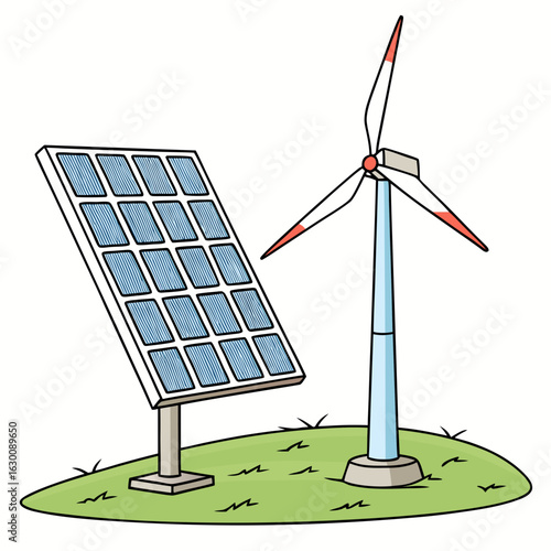 Illustration of solar panel and wind turbine for renewable energy source