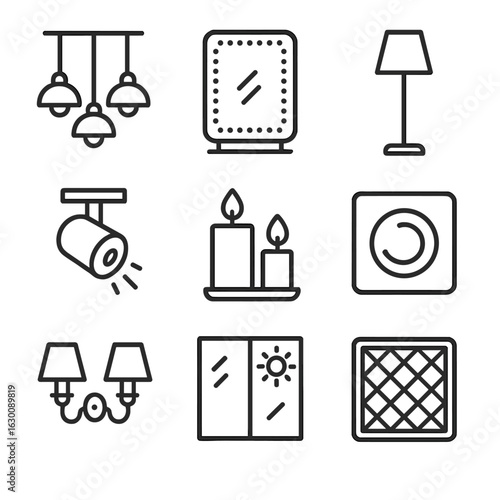 Salon Lighting Icons. Outline icon set of salon lighting and ambiance: pendant lights, LED mirror, floor lamp,