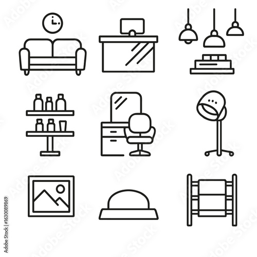 Salon Icon Set. Outline icon set of salon interior design: waiting area, reception desk, lighting fixtures,