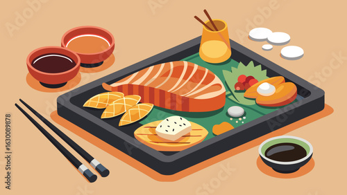 A stylized illustration of a japanese bento box with salmon and various side dishes on a tray