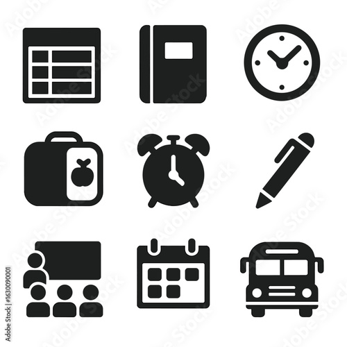 School Day Icons. Solid, filled icons set of daily school schedule: timetable, subject book, clock, lunch box,