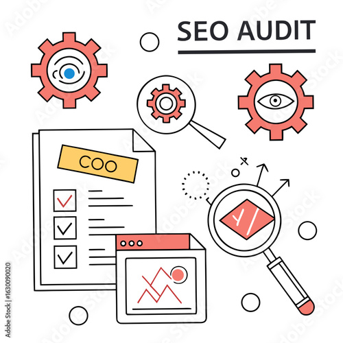 Vector art of seo audit concept with gears and magnifier isolated on white background