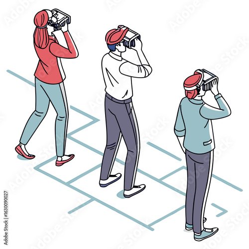 Vector art of people wearing virtual reality headset isolated on white background