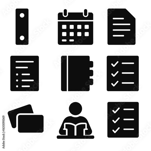 School Organization Icons. Solid, filled icons set of school organization tools: binder spine, calendar insert