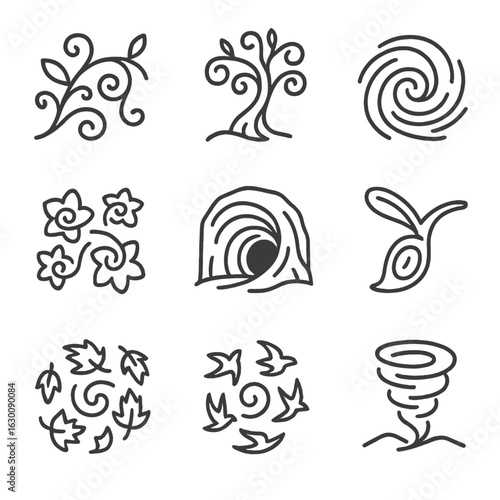 Nature's Whirl Icon Set. Outline icon set of whirl in nature: spiraling vines, twisting tree branches, swirling water stream,