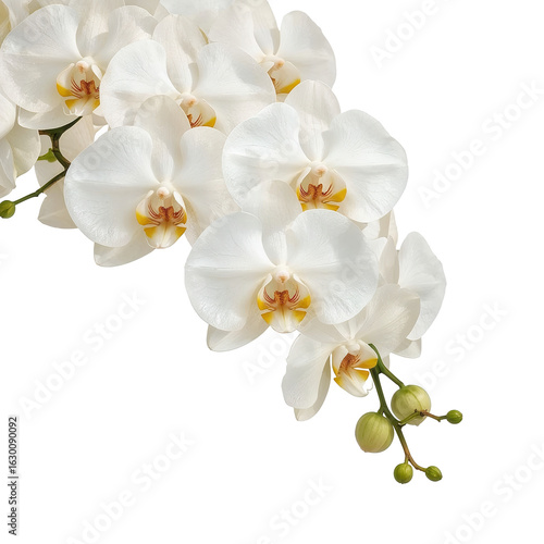 Elegant cascade of white orchid blossoms against a transparent background, exuding serene beauty.