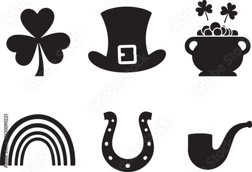 Lucky St. Patrick's Day icons: shamrock, pot gold, rainbow, horseshoe