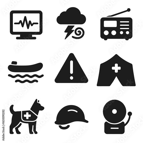 Scientific Disaster Response Icons. Solid, filled icons set of Scientific disaster response: seismic activity