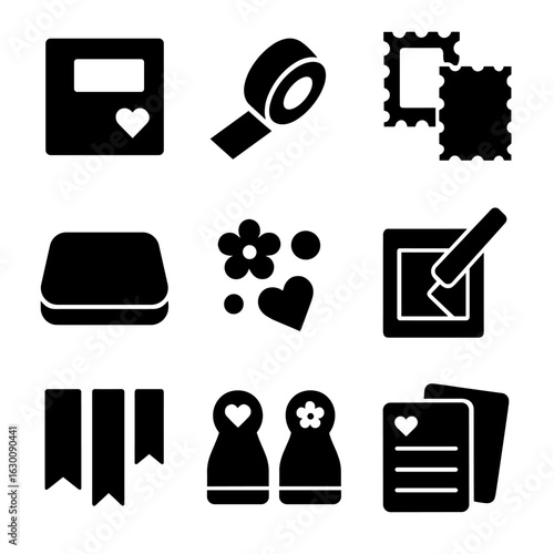 Scrapbooking Tools Icons. Solid, filled icons set of scrapbooking tools and supplies: scrapbook book, washi