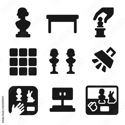 Sculpture Arrangement Icons. Solid, filled icons set of arranging sculptures or figurines on tables: small