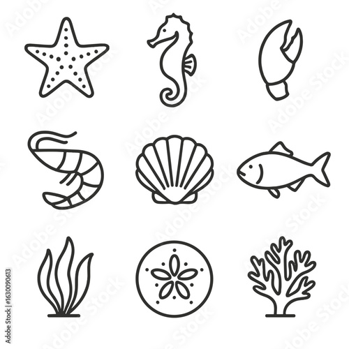Seafood Icon Set. Outline icon set of Seafood species and ocean life: starfish, seahorse, crab claw, shrimp
