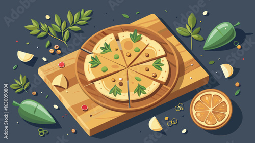 Overhead view of sliced pizza on wooden board with green leaves and orange slice arrangement around it