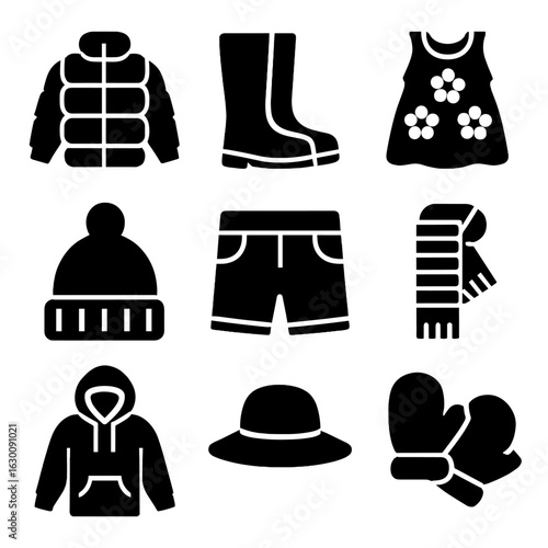 Seasonal Kids' Fashion Icons. Solid, filled icons set of seasonal fashion for kids and teens: puffer jacket,