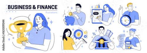 Business, finance, marketing set. Characters calculating taxes, planning work time, setting a goal and doing other financial activities. Vector illustration.
