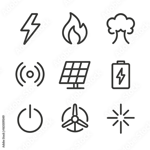 Energy Symbols Grid. Outline icon set of energy release: lightning bolt, fire flame, explosion, radiating waves, solar panel,