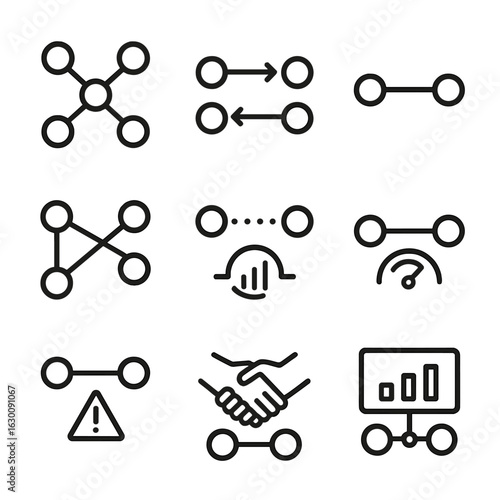 Network Connection Icons. Outline icon set of network connections: node link icon, peer-to-peer link, direct connection link,