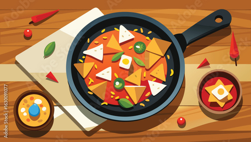 A top view of a pan filled with nachos, eggs, and peppers on a wooden table with bowls and spices