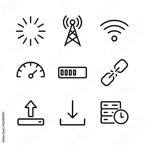 Network Delay Icons. Outline icon set of network delay: buffering, signal tower, Wi-Fi weak, latency meter, loading bar,