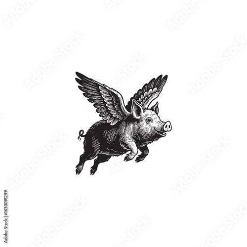 Vintage engraving of a flying pig with large feathered wings