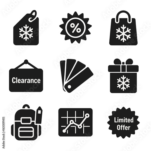 Seasonal Shopping Icons. Solid, filled icons set of seasonal shopping habits: winter sale tag, summer discount