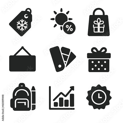 Seasonal Shopping Icons. Solid, filled icons set of seasonal shopping habits: winter sale tag, summer discount